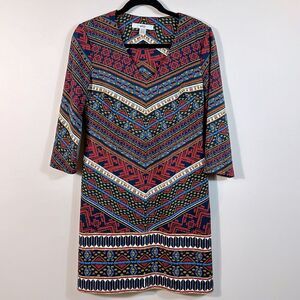 Wisp Aztec Print Pullover Mini V-Neck Dress 3/4 Sleeve Boho Festival Size 4